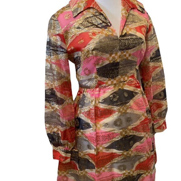 THE FIRECRACKER: 1960s Vintage Mod Knee-Length Chiffon Hostess Dress Gold Lamé - Picture 5 of 7